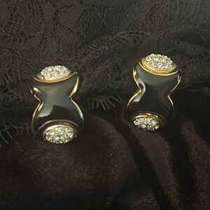 Vintage Black Enamel & Rhinestones Clip On Earrings
